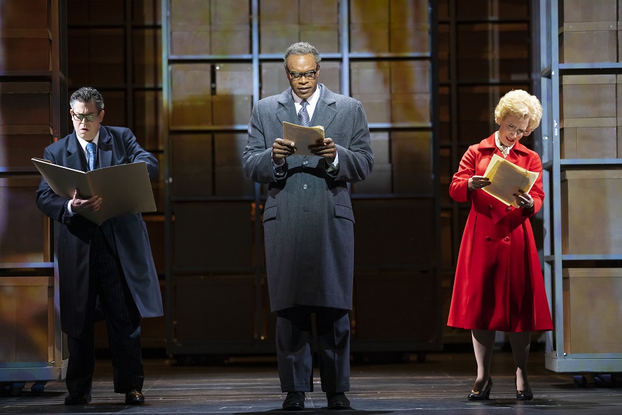 David Stout (Henry Kissinger), Eric Greene (Richard Nixon) and Julia Sporsén (Pat Nixon) in Nixon in China. Scottish Opera 2020. Credit James Glossop..JPG