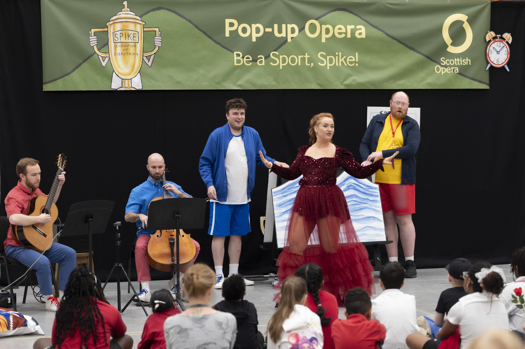 The Cast of Pop-up Opera: Be A Sport, Spike!. Scottish Opera 2026. Credit Kirsty Anderson..