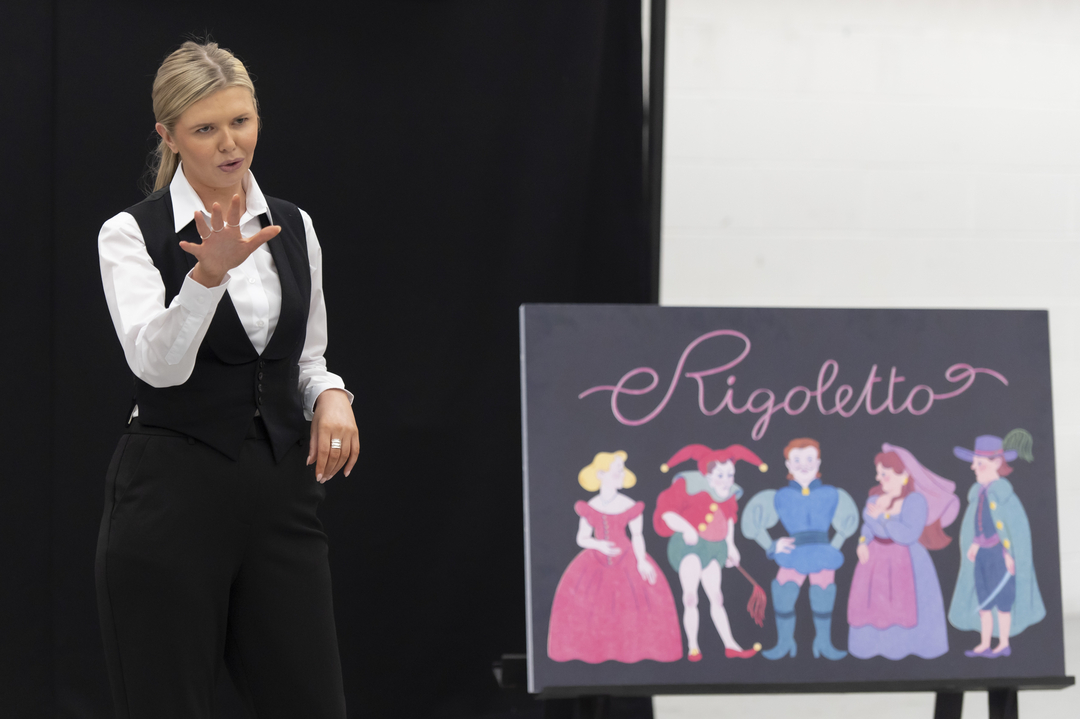 Dani Heron in Pop-up Opera: A Little Bit of Rigoletto. Scottish Opera 2026. Credit Kirsty Anderson..